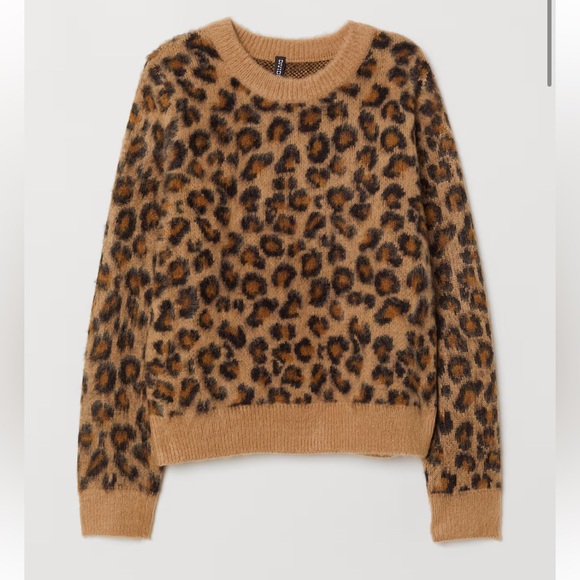 H&M Sweaters - H&M BRUSHED JACQUARD-KNIT LEOPARD PRINT CREWNECK SWEATER TAN BROWN